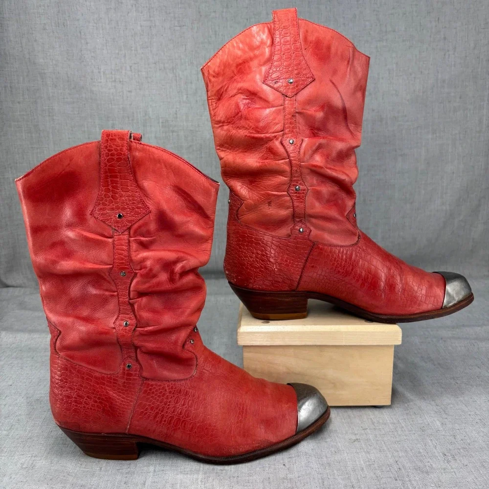 Vintage Paolo Fellicce Cowboy Boots Red Leather Slouchy Western Women's 9